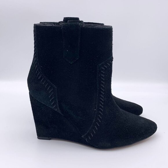Rebecca Minkoff Bianca Black Suede Wedge Booties Distressed Tonal Stitched 6 M - Picture 6 of 12